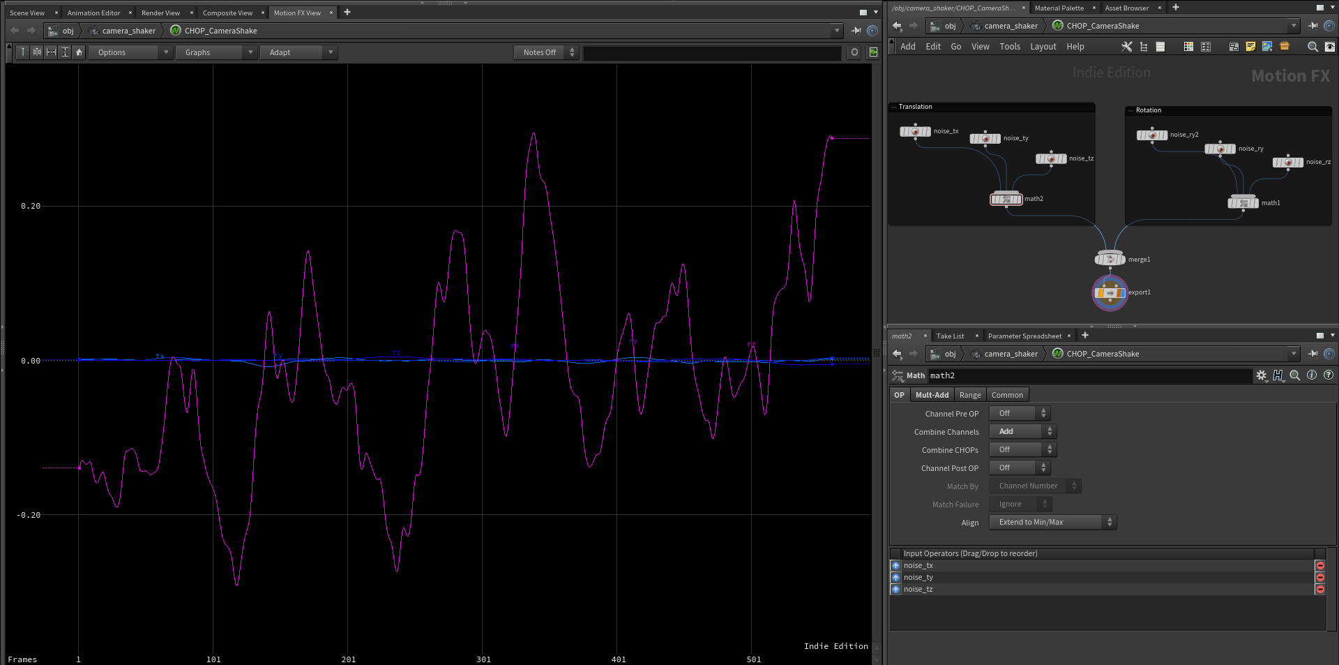 Houdini interface showing animation purple animation graph of camera shake on the left side and vertical split view of network and parameter editors on the right side.