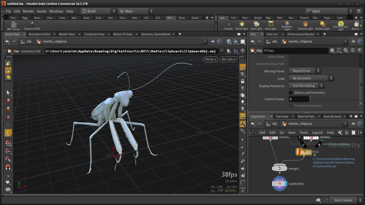 Houdini default interface with gray untextured mantis model loaded in the viewport.
