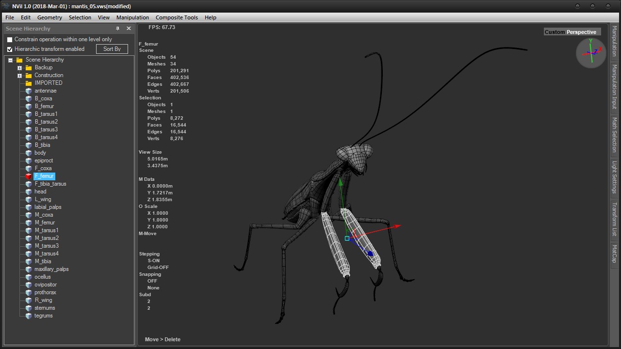NVil minimali interface with untextured mantis model loaded in the viewport.