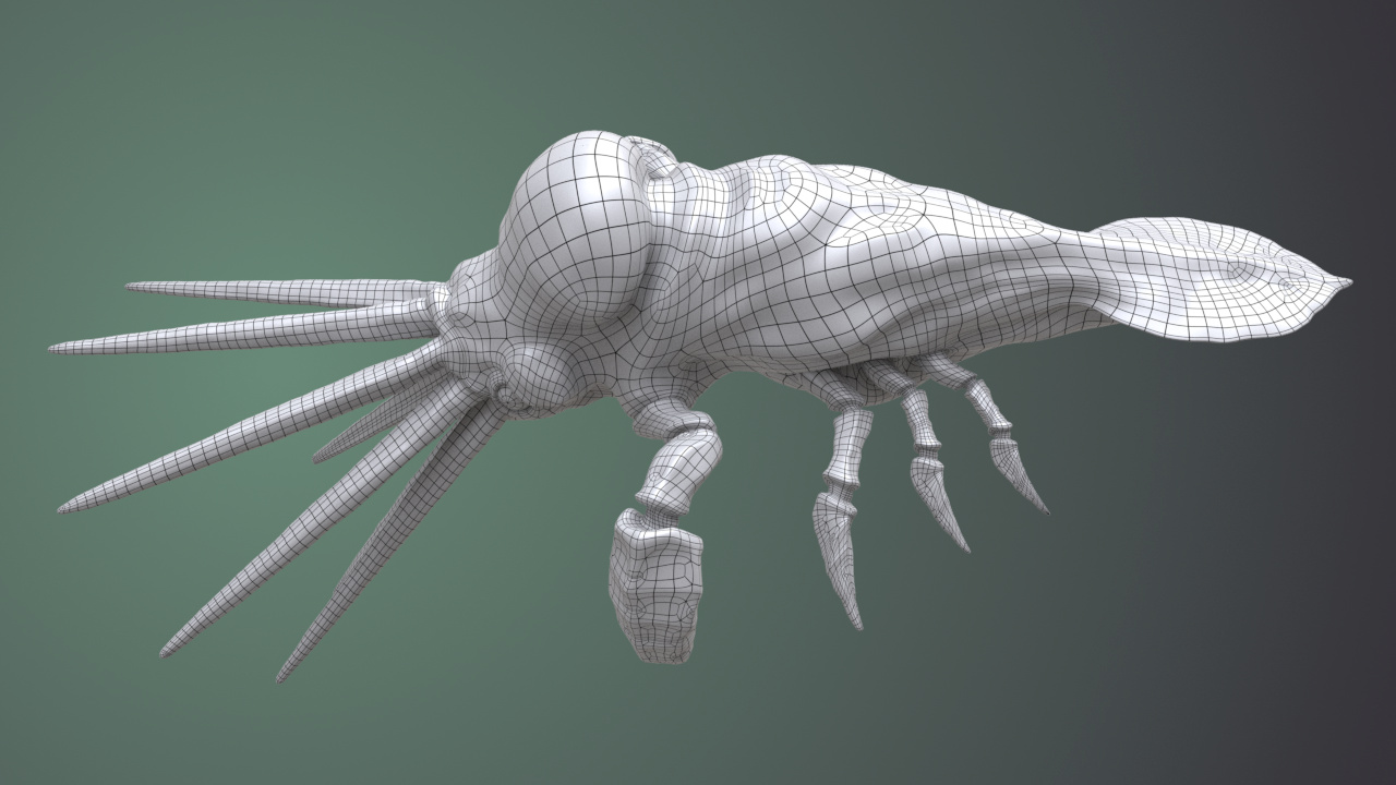 Subdivided white non-textured squab model with superimposed black wireframe which is also subdivided. Green gradient background.