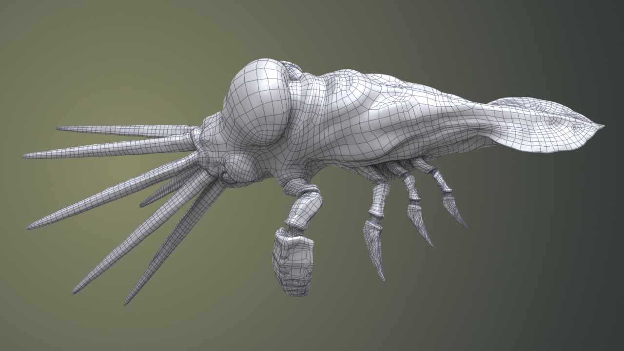 White non-textured squab model on a green gradient background. The model has superimposed black wireframe of subjectively thick width.