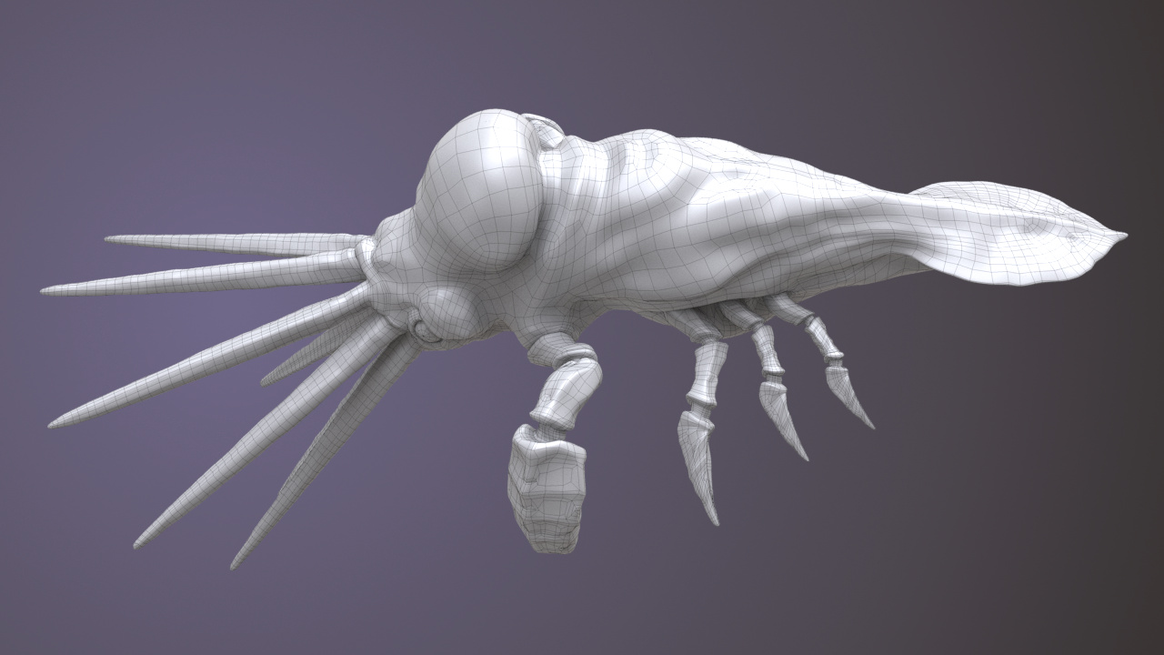 White non-textured squab model on a deep violet gradient background. The model has superimposed black wireframe.