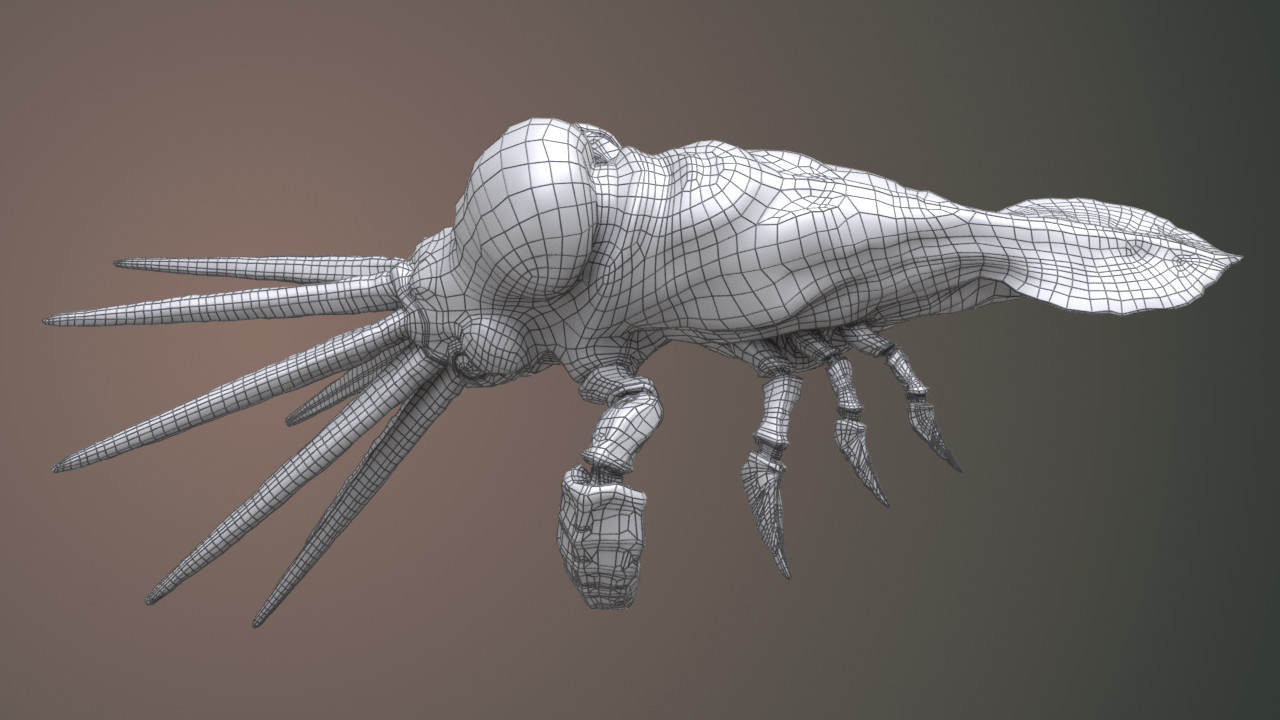 White non-textured white squab and black wireframe models placed in the same location over salmon gradient background.