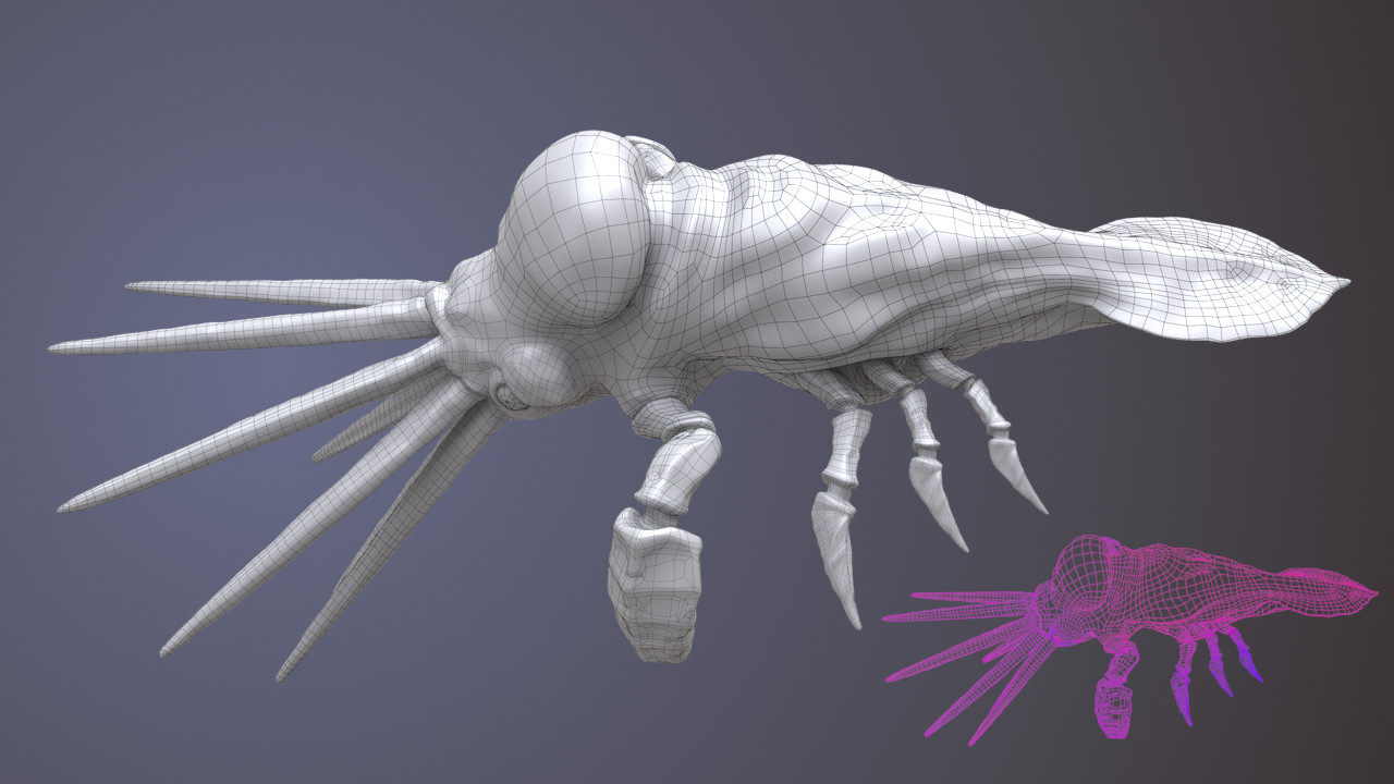 White non-textured squab model on a violet gradient background. The model has superimposed black wireframe which has width proportional to the area of squab's primitives.