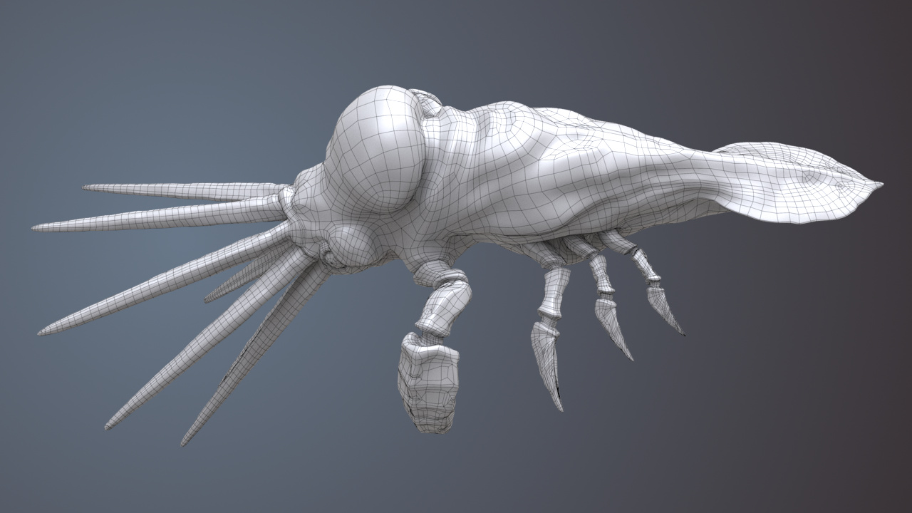 White non-textured squab model on a blue gradient background. The model has superimposed black thick wireframe.