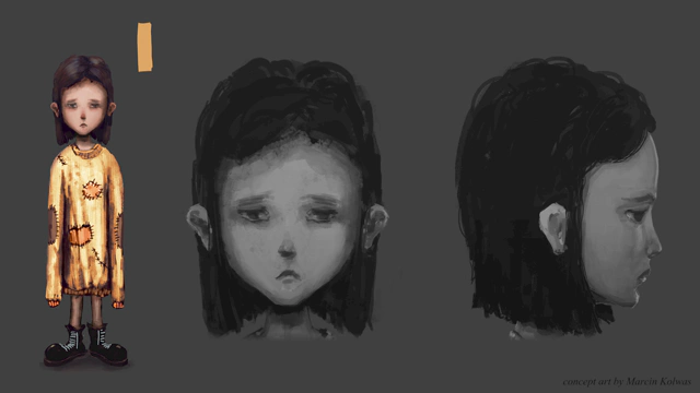 Concept art by Marcin Kolwas depicting the girl in yellow sweatshirt and two close-ups of her head.