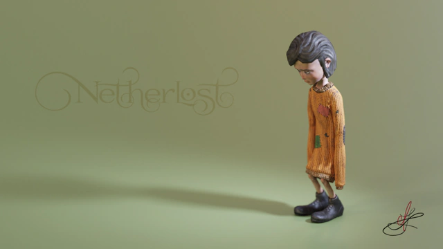 A sleepy girl with her head lowered is wearing a yellow dirty patched oversized sweater which is covering her palms. She is standing on a uniformly colored green floor. To here left is a semi-transparent sign "Netherlost" written with a fancy font.