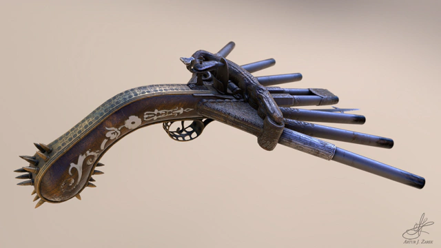 A rendered image of an eight-barrel volley pistol. In addition to the multitude of barrels, the weapon has ornamented wooden grip, spiked metal butt and sports a thin blade mounted in front of the trigger.