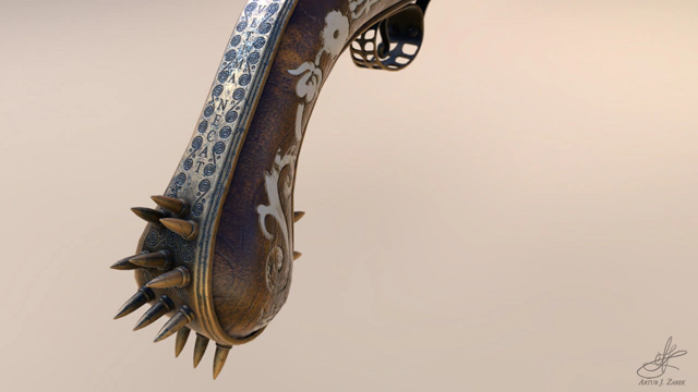 A close-up of pistol's butt ornaments.