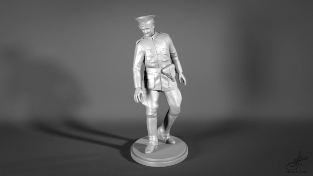 Clay render of digital sculpture of a German leutenant dressed in Abwehr uniform. His face was sculpted to resemble Polish actor Stanisław Mikulski, who played the role of Hans Kloss in popular television series "Stawka większa niż życie". Medium long shot of the front side.