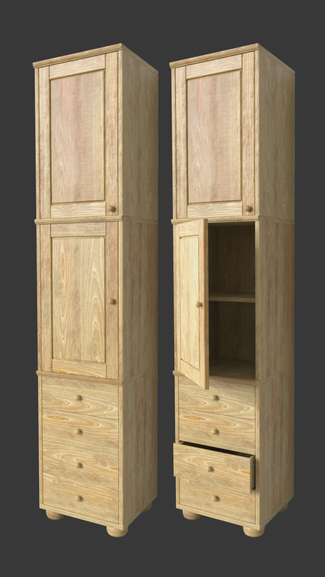 Tall linen chests. One is has its doors and drawers closed, one has some of them open. The furniture is made of pine wood.