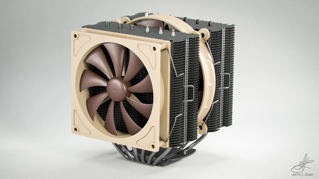 Front-left side of a massive double-fanned CPU cooler with two aluminium radiator columns. The fans are brown and mounted in a tan casing.