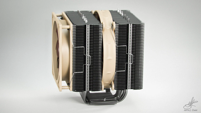 Left side of a massive double-fanned CPU cooler with two aluminium radiator columns. The fans are brown and mounted in a tan casing.