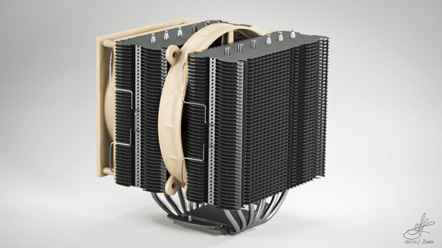 Rear-left side of a massive double-fanned CPU cooler with two aluminium radiator columns. The fans are brown and mounted in a tan casing