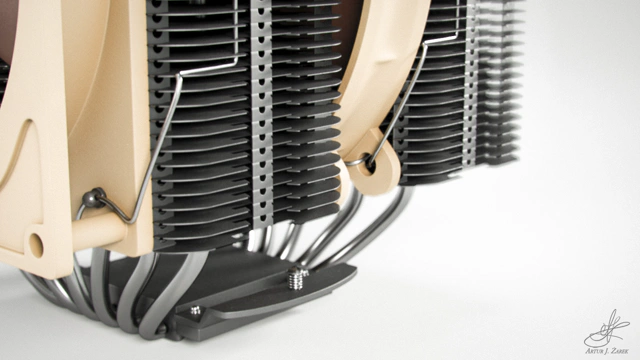 A close up of a bottom-left side of a massive double-fanned CPU cooler with two aluminium radiator columns. The fans are brown and mounted in a tan casing