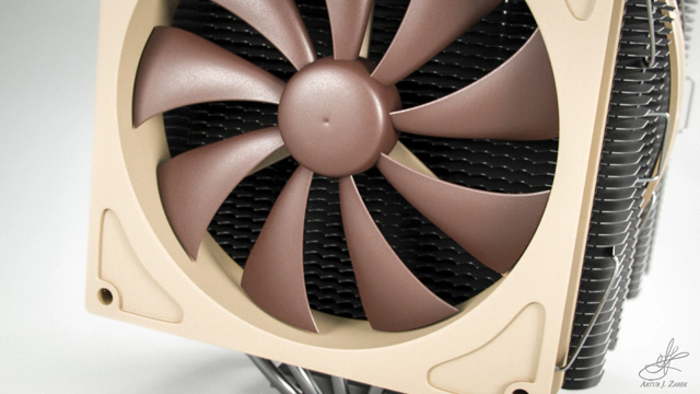 A close up of the front fan of a massive double-fanned CPU cooler with two aluminium radiator columns. The fans are brown and mounted in a tan casing
