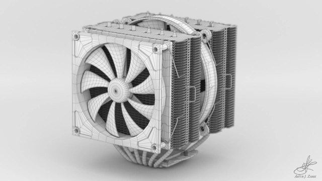 Wireframe render of a front-left side of a massive double-fanned CPU cooler with two aluminium radiator columns. The fans are brown and mounted in a tan casing
