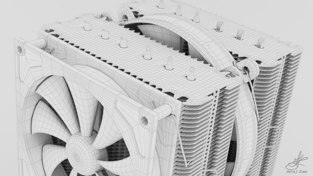 Wireframe render of a top-left side of a massive double-fanned CPU cooler with two aluminium radiator columns. The fans are brown and mounted in a tan casing
