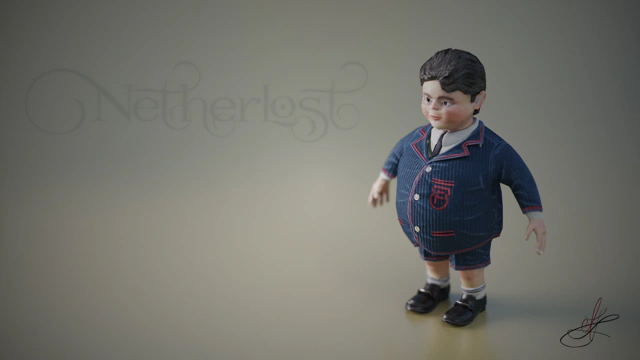 A plumpy boy standing in A-pose. He is wearing a blue corded jacket with red edgings and school emblem, blue shorts and black patent leather shoes. The image shows the front side of the model. Text in the background reads: Netherlost.