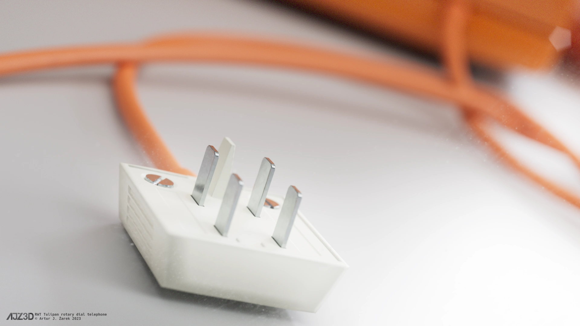 A close up of telephone's signal connection plug made from a white, but slightly yellowed plastic, four metallic bolts and one made of plastic.