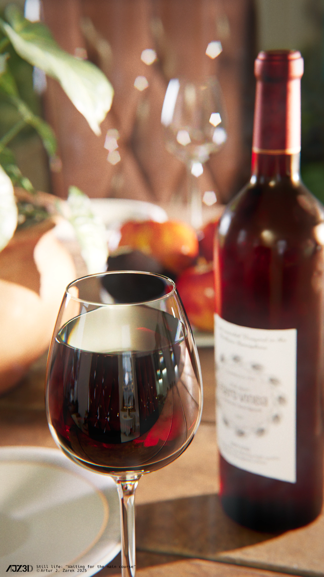 A wooden table with white ceramic dining plates and a shallow bowl containing apples and avocados. In the foreground there's a fully filled glass of red wine. On the opposite side of the table stands an empty quilted leather chair and an empty wine glass. To the right there's a bottle of red wine and to the left - a potted plant. Everything but the glass in the foreground is defocused, with pentagonal bokeh.